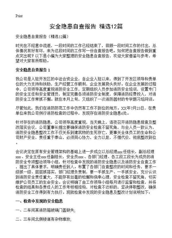 安全隐患自查报告12篇