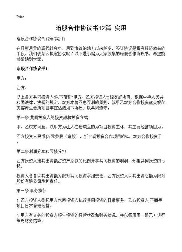 暗股合作协议书12篇