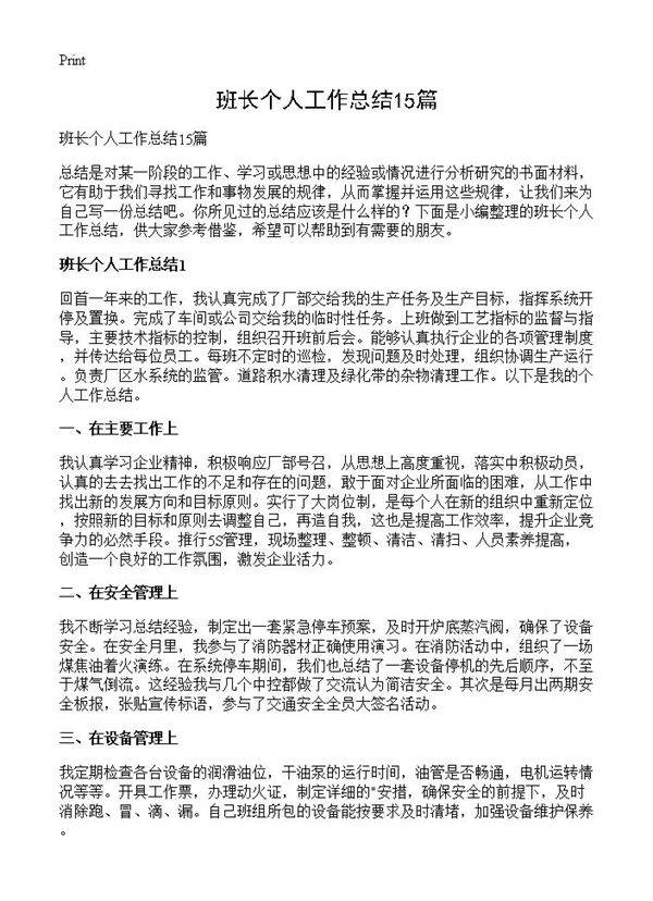 班长个人工作总结15篇