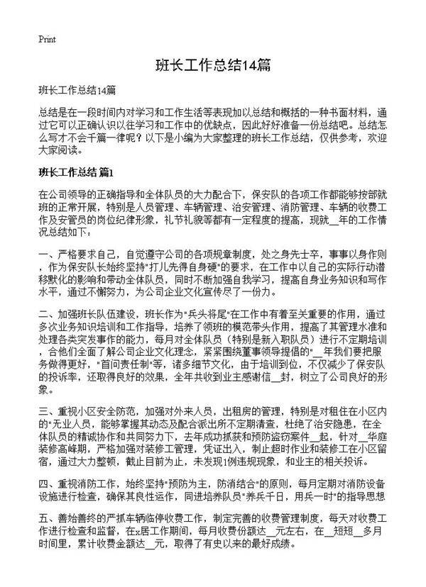 班长工作总结14篇