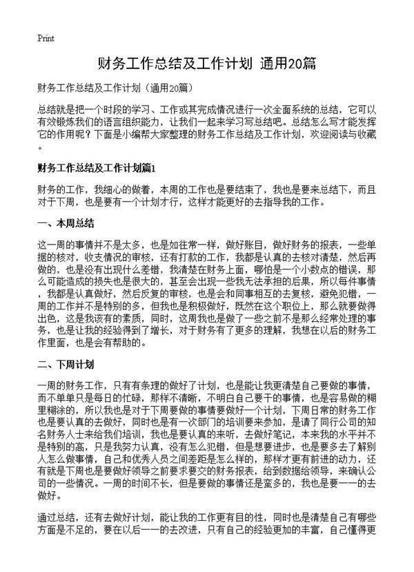 财务工作总结及工作计划20篇