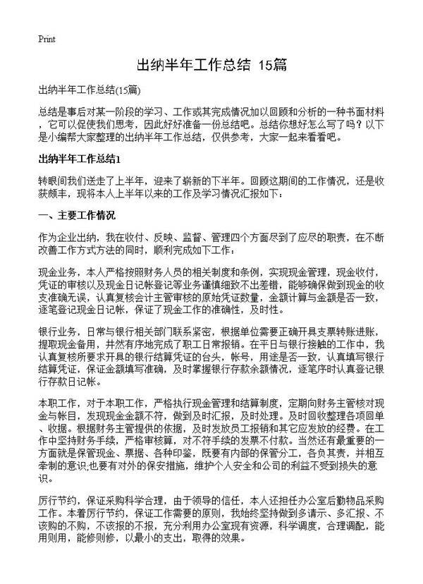出纳半年工作总结15篇