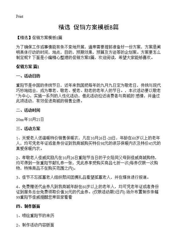 促销方案模板8篇