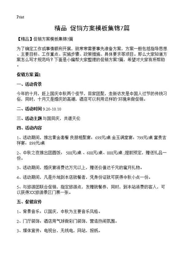 促销方案模板集锦7篇