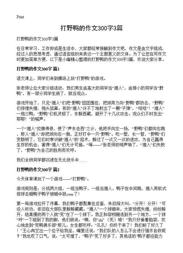 打野鸭的作文300字3篇