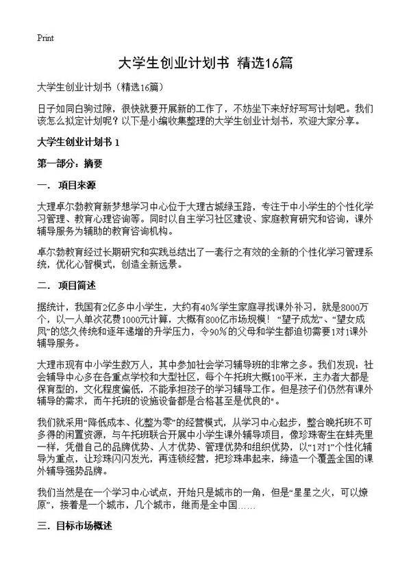 大学生创业计划书16篇