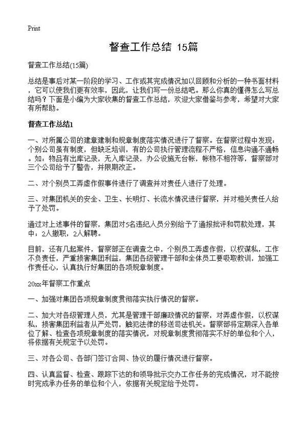 督查工作总结15篇