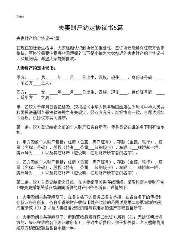 夫妻财产约定协议书5篇