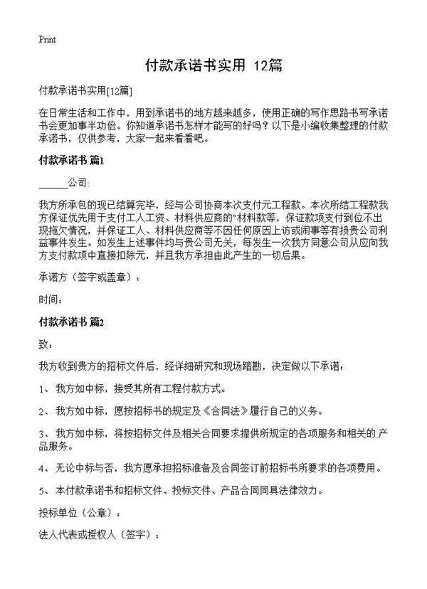付款承诺书实用12篇