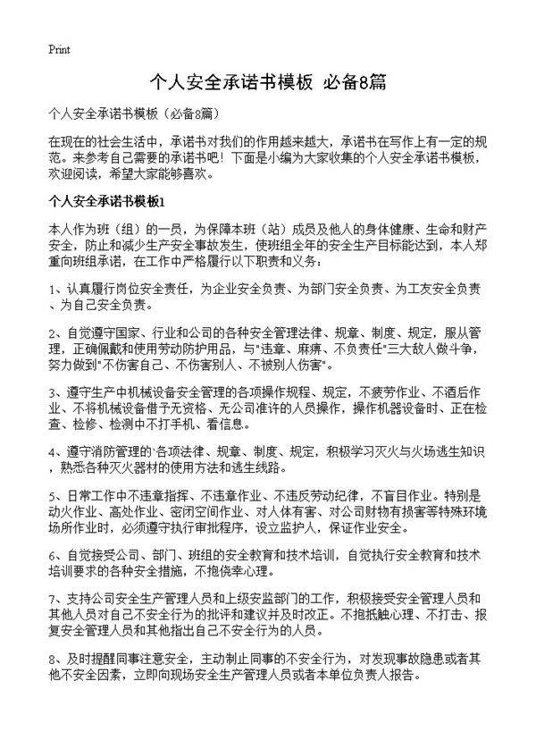 个人安全承诺书模板8篇