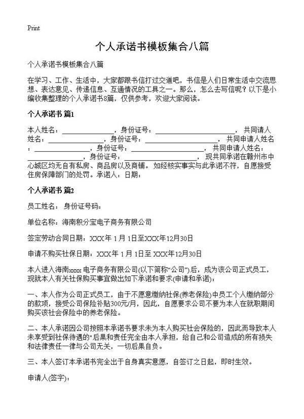 个人承诺书模板集合八篇