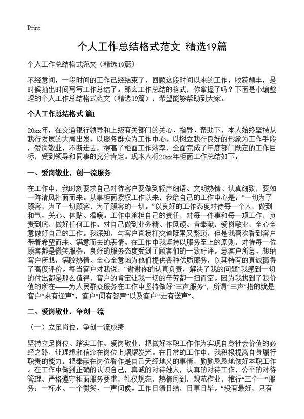 个人工作总结格式范文19篇