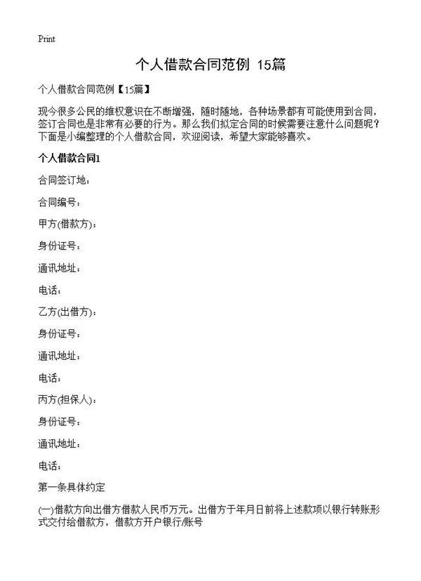 个人借款合同范例