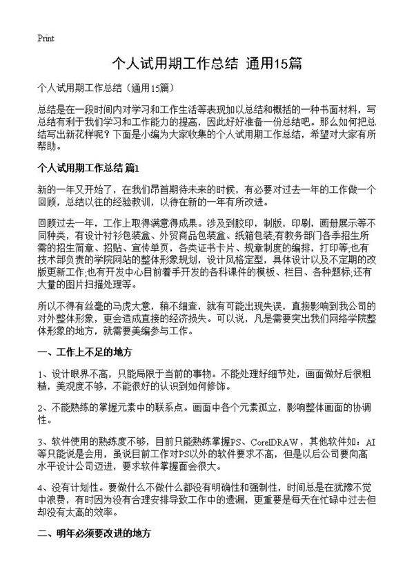 个人试用期工作总结15篇
