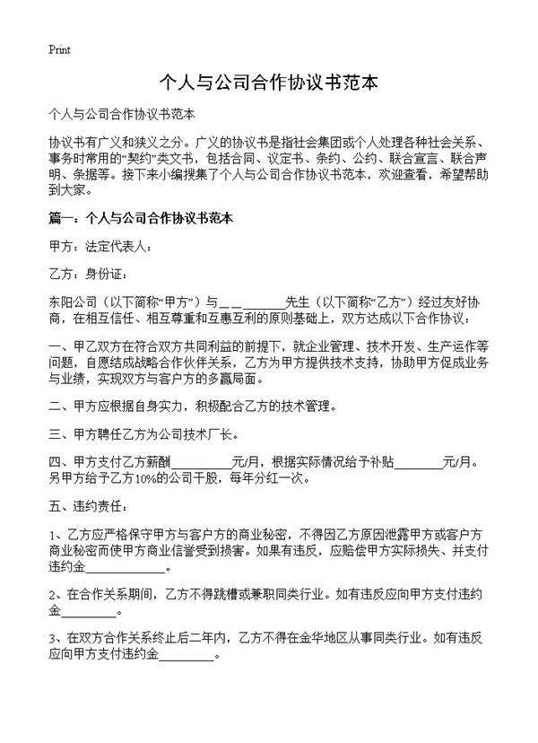 个人与公司合作协议书范本