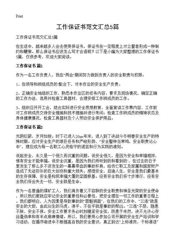 工作保证书范文汇总5篇