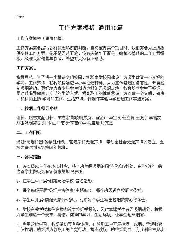 工作方案模板10篇