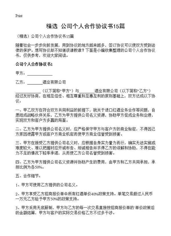 公司个人合作协议书15篇