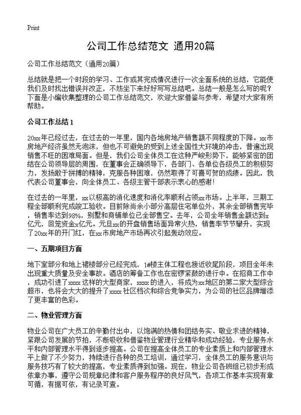 公司工作总结范文20篇