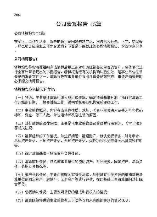 公司清算报告15篇