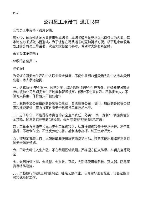 公司员工承诺书16篇