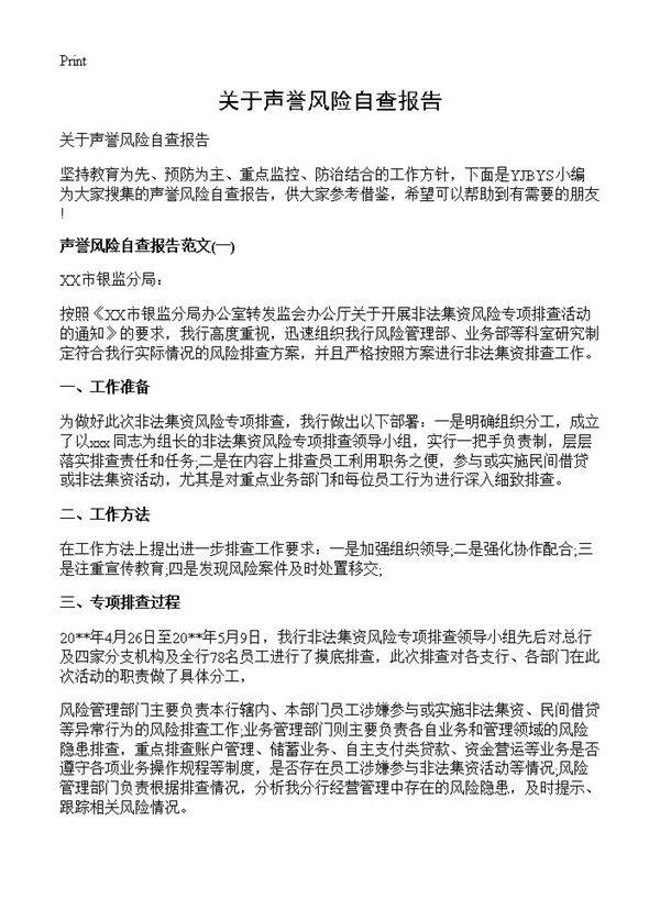 关于声誉风险自查报告