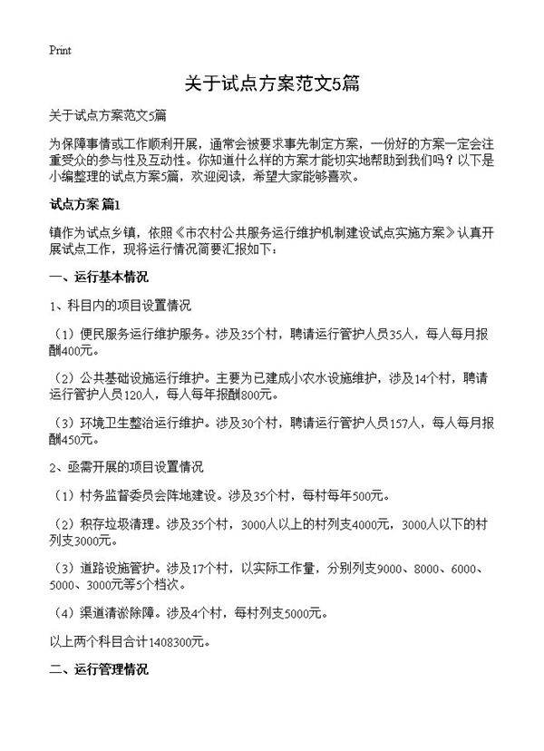 关于试点方案范文5篇