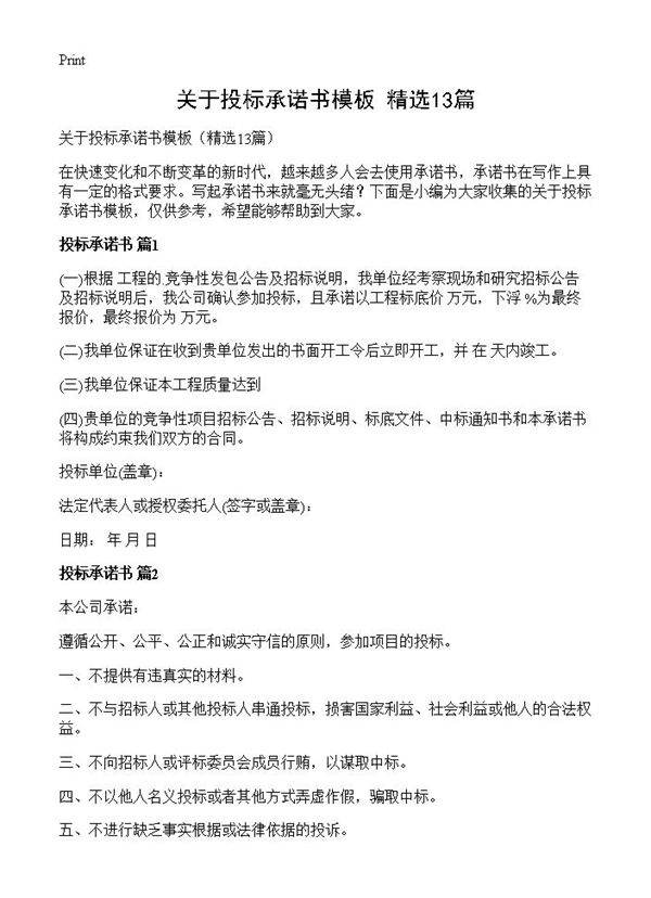 关于投标承诺书模板13篇