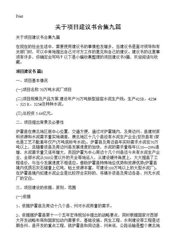 关于项目建议书合集九篇