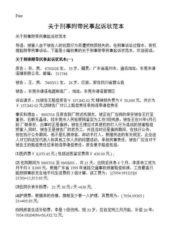 关于刑事附带民事起诉状范本