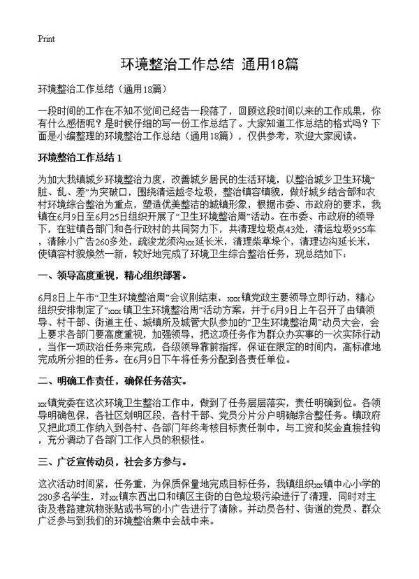 环境整治工作总结18篇
