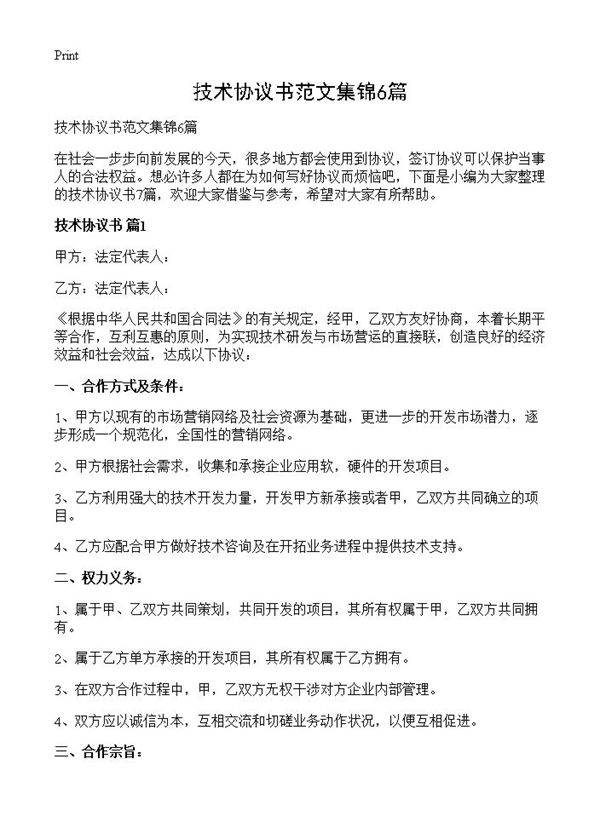 技术协议书范文集锦6篇