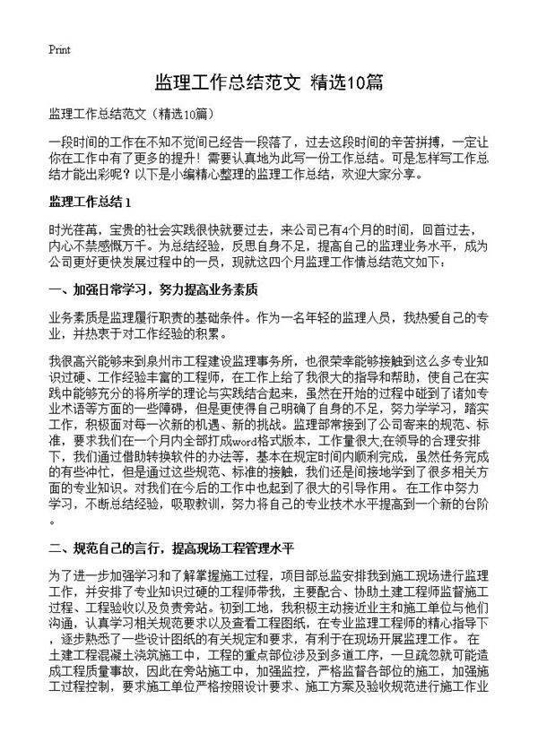 监理工作总结范文10篇