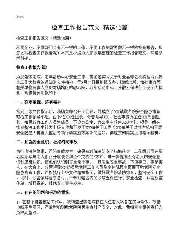 检查工作报告范文10篇