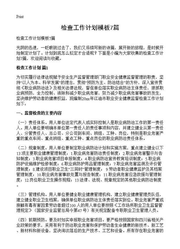 检查工作计划模板7篇