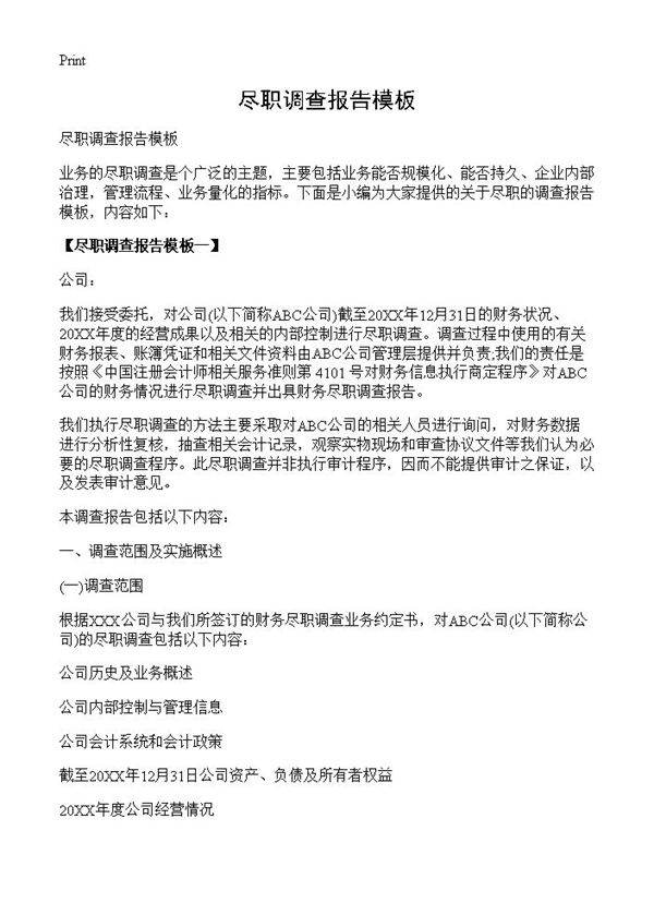 尽职调查报告模板