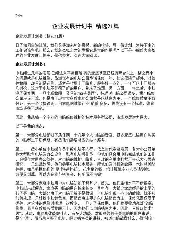 企业发展计划书21篇