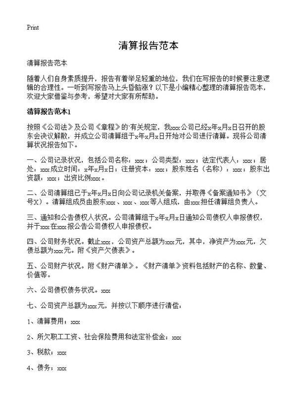 清算报告范本