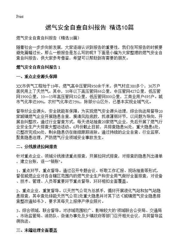 燃气安全自查自纠报告10篇