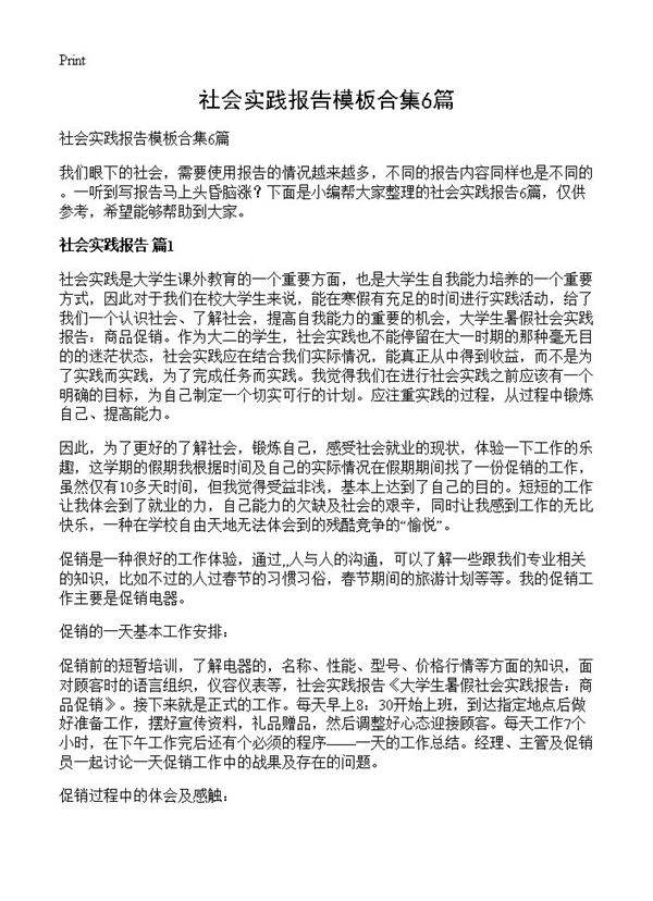 社会实践报告模板合集6篇