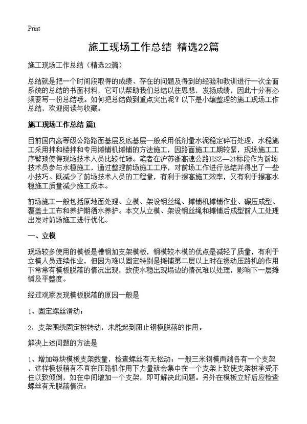 施工现场工作总结22篇