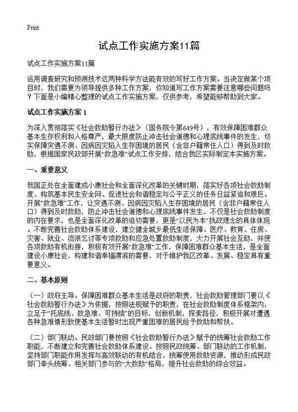 试点工作实施方案11篇