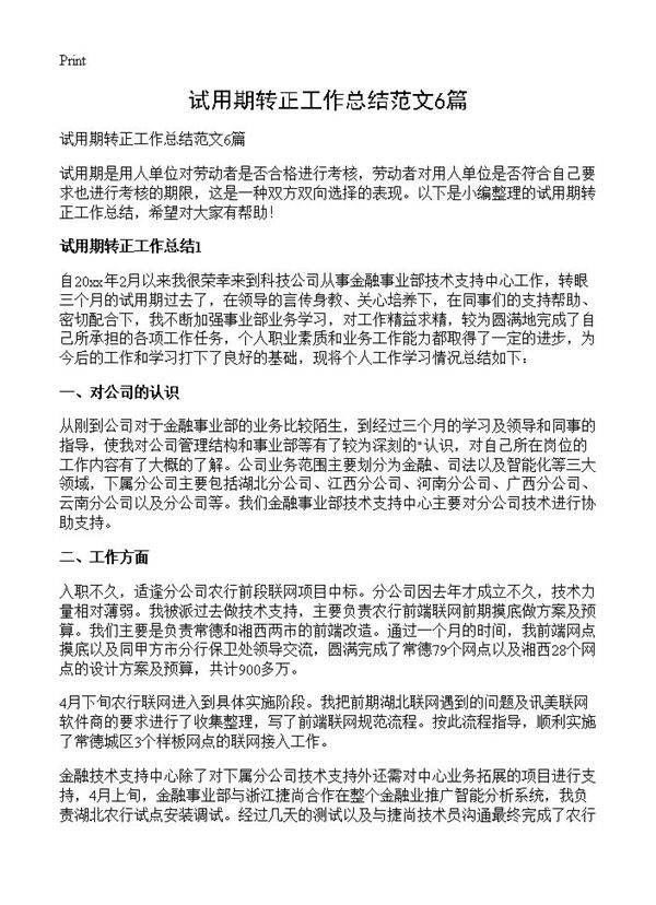 试用期转正工作总结范文6篇