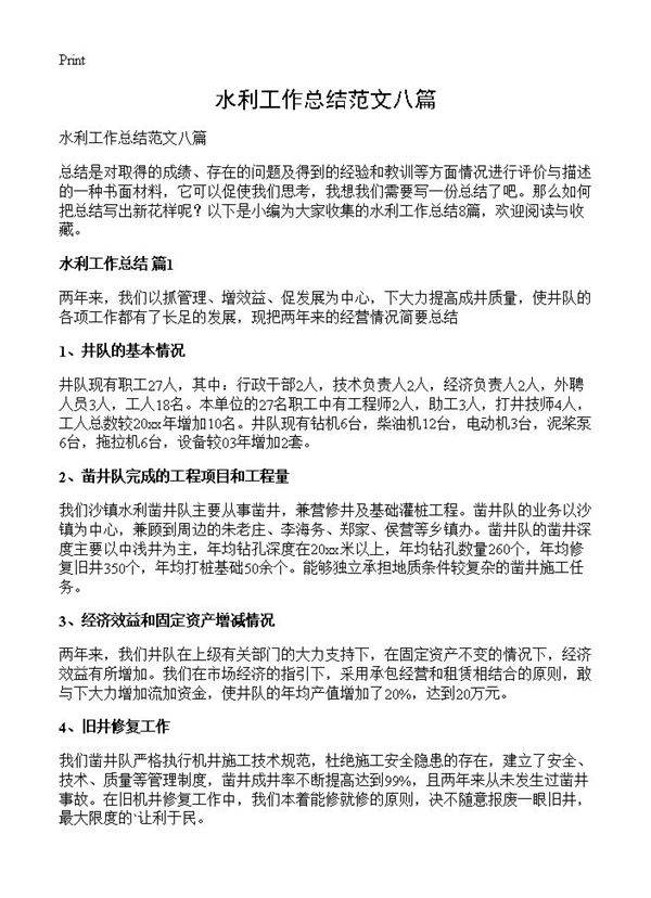 水利工作总结范文八篇