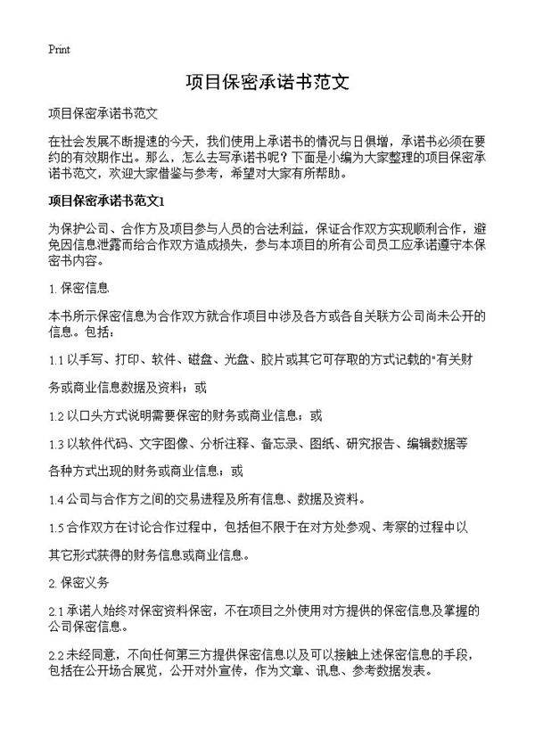 项目保密承诺书范文