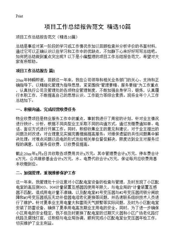项目工作总结报告范文10篇