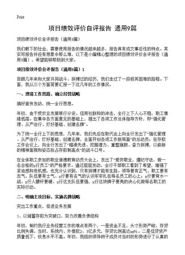 项目绩效评价自评报告9篇