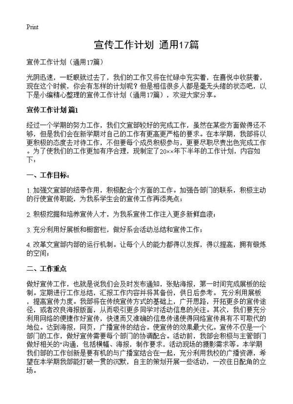 宣传工作计划17篇