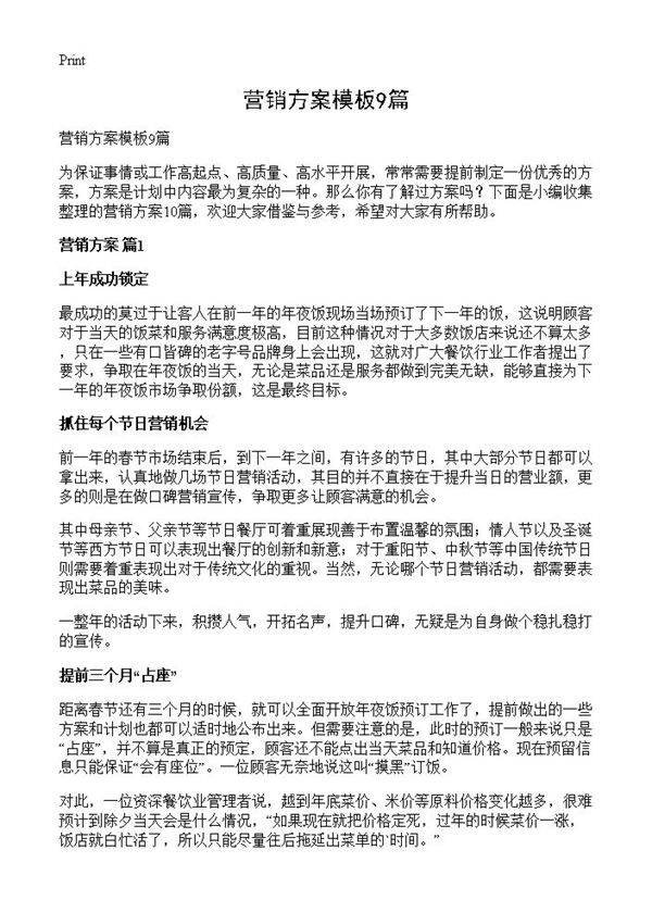 营销方案模板9篇