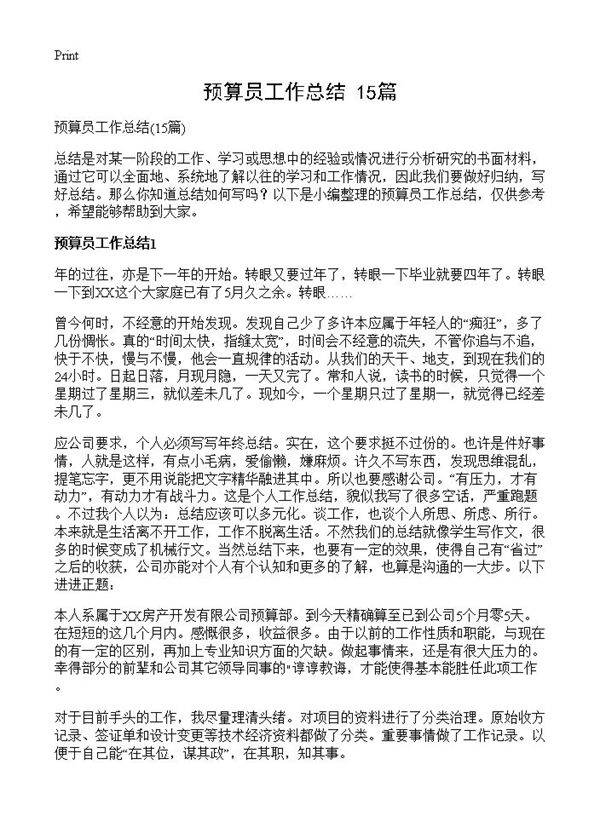 预算员工作总结15篇